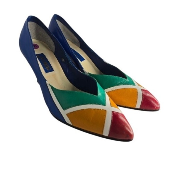 Jasmin Wedge Heels Size 9.5B Leather Pointed Toe Colorful Colorblock Pumps - Picture 1 of 8